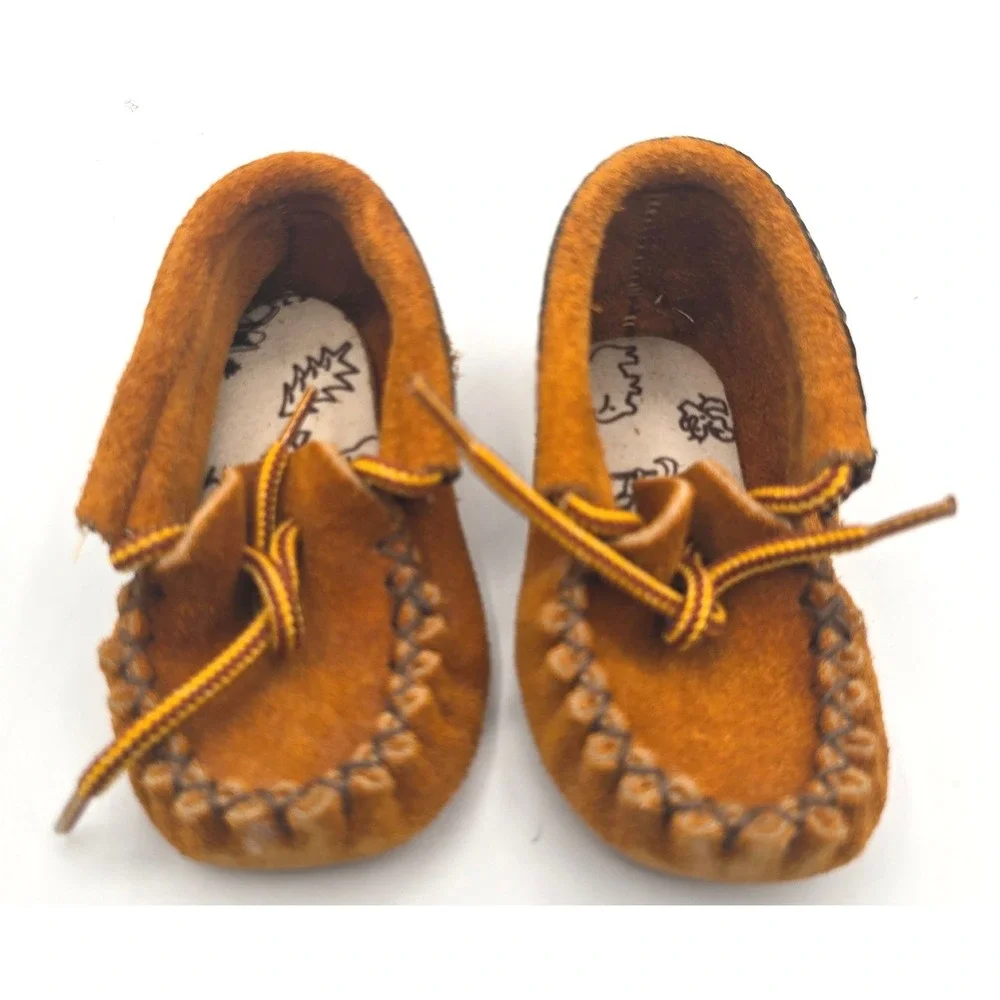 Vintage Animoc Indian Moccasins Baby Suede Booties Size 4 Tan Fringe with Box
